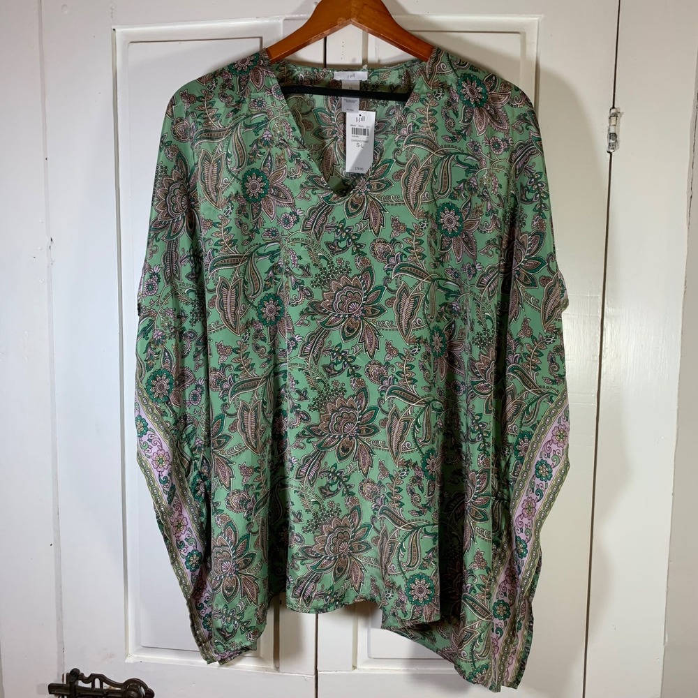 J. Jill Green Paisley Floral‎ Poncho Top S-L NWT Boho Tunic Recycled Poly Flowy